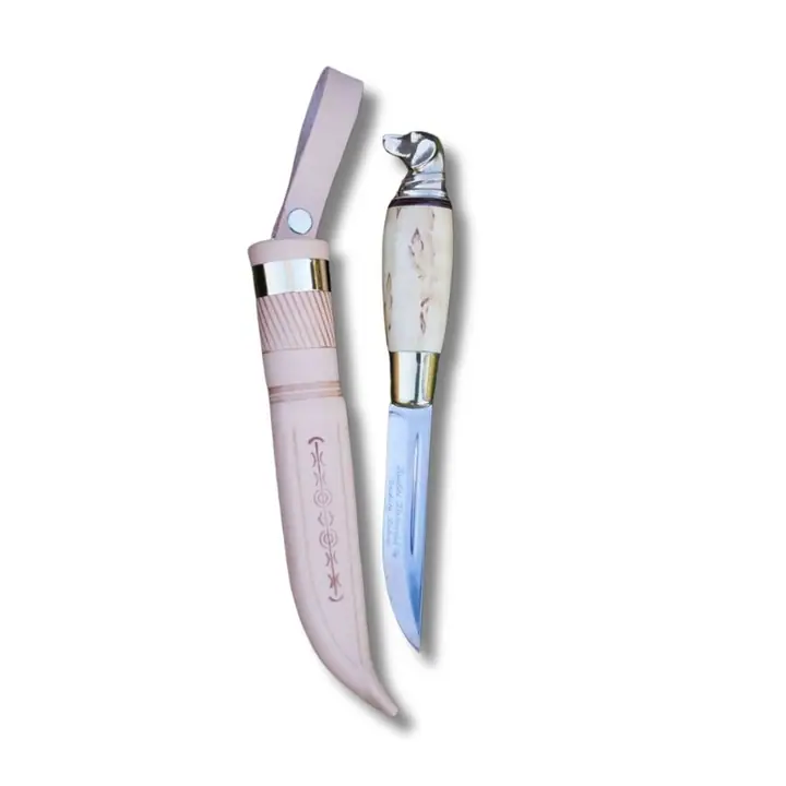 Iisakki Järvenpää Hound Dog-kniv med smal, skarp stålklinge og ergonomisk formet træskaft i traditionelt finsk jagtdesign.