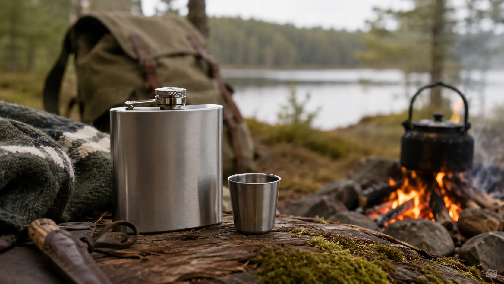Flachmann aus Edelstahl und Metallbecher am Lagerfeuer in skandinavischer Natur mit Rucksack und See im Hintergrund.