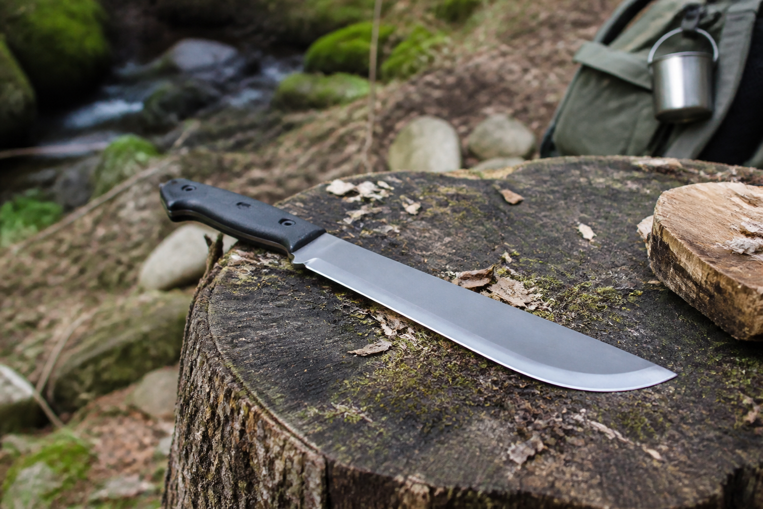 Machete auf einem Baumstumpf in natürlicher Outdoor-Umgebung